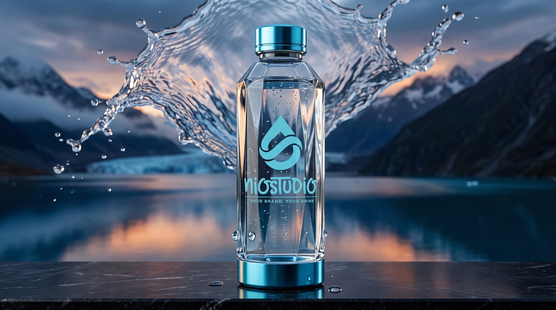 NIOSTUDIO private label water bottle at an alpine lake