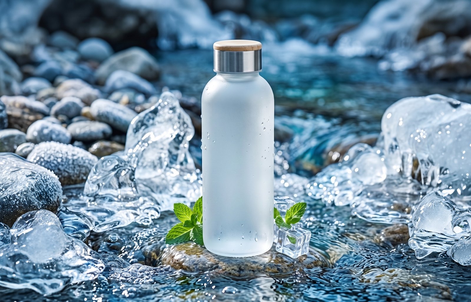 Premium bottled water at a mountain stream